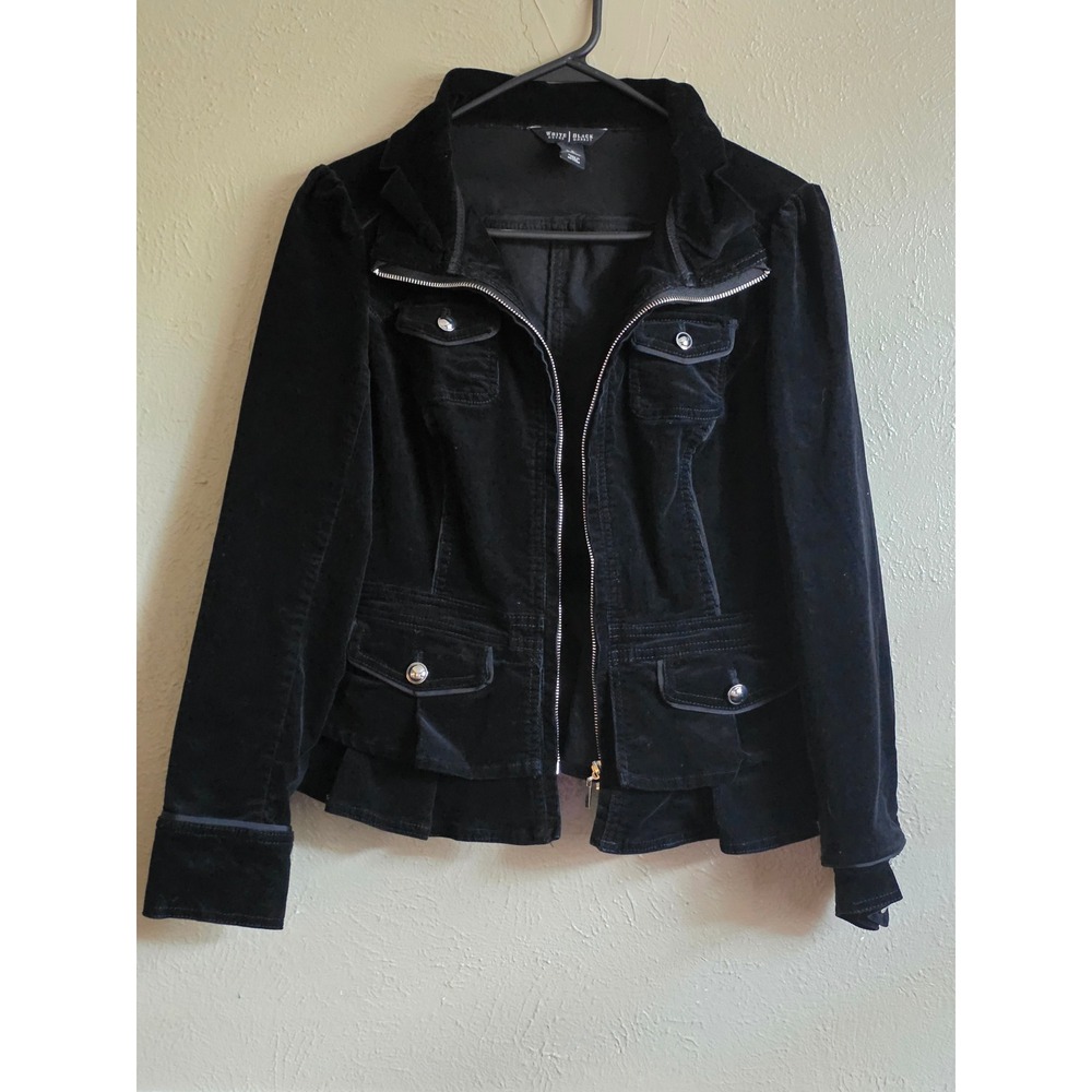 White House Black Market Black Corduroy Military Peplum Ruffle Jacket Size 2